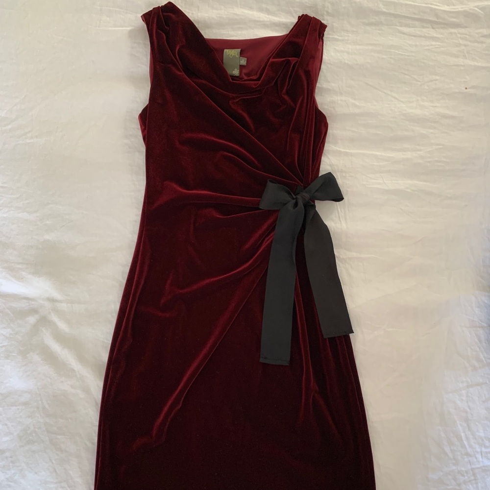 Taylor Dresses Wine Velvet Midi Wrap Dress with Black Sash